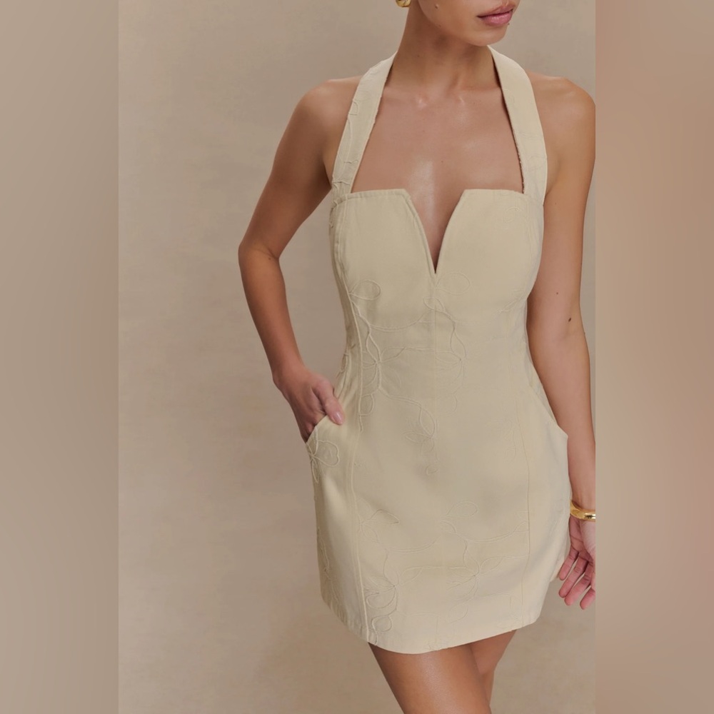 Ebony Embroidered Denim Mini Dress - Cream from Meshki
